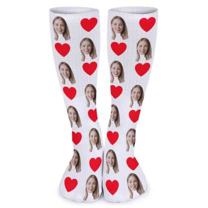 FacePajamas Sublimated Crew Socks-2WH-SDS Red Heart Socks with Face Custom Personalized White Background Sublimated Crew Socks