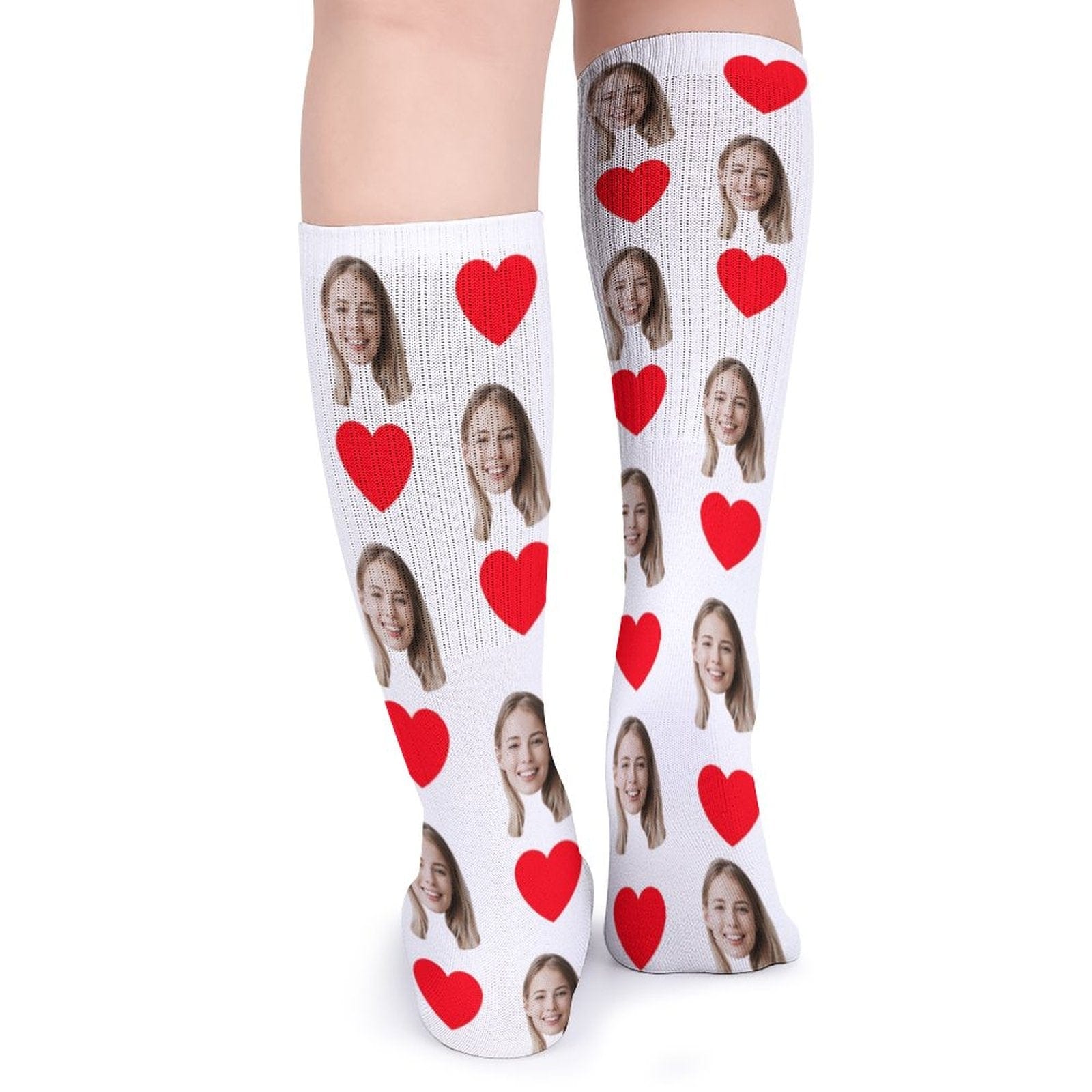 FacePajamas Sublimated Crew Socks-2WH-SDS Red Heart Socks with Face Custom Personalized White Background Sublimated Crew Socks