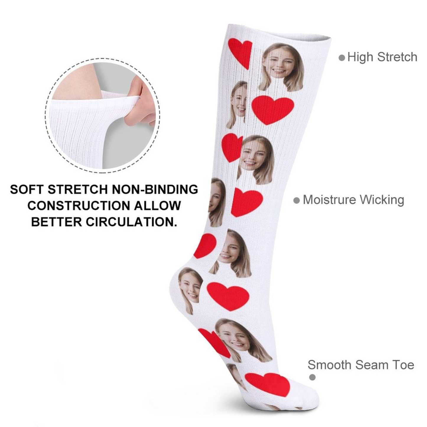 FacePajamas Sublimated Crew Socks-2WH-SDS Red Heart Socks with Face Custom Personalized White Background Sublimated Crew Socks