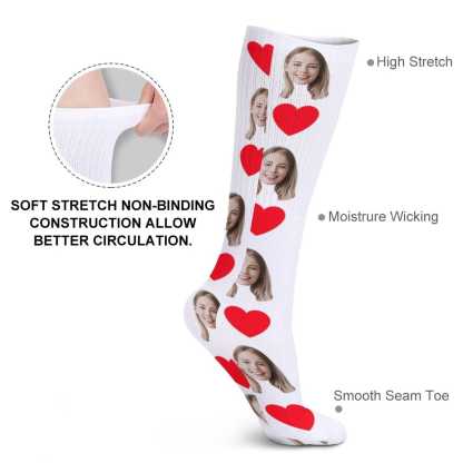 FacePajamas Sublimated Crew Socks-2WH-SDS Red Heart Socks with Face Custom Personalized White Background Sublimated Crew Socks