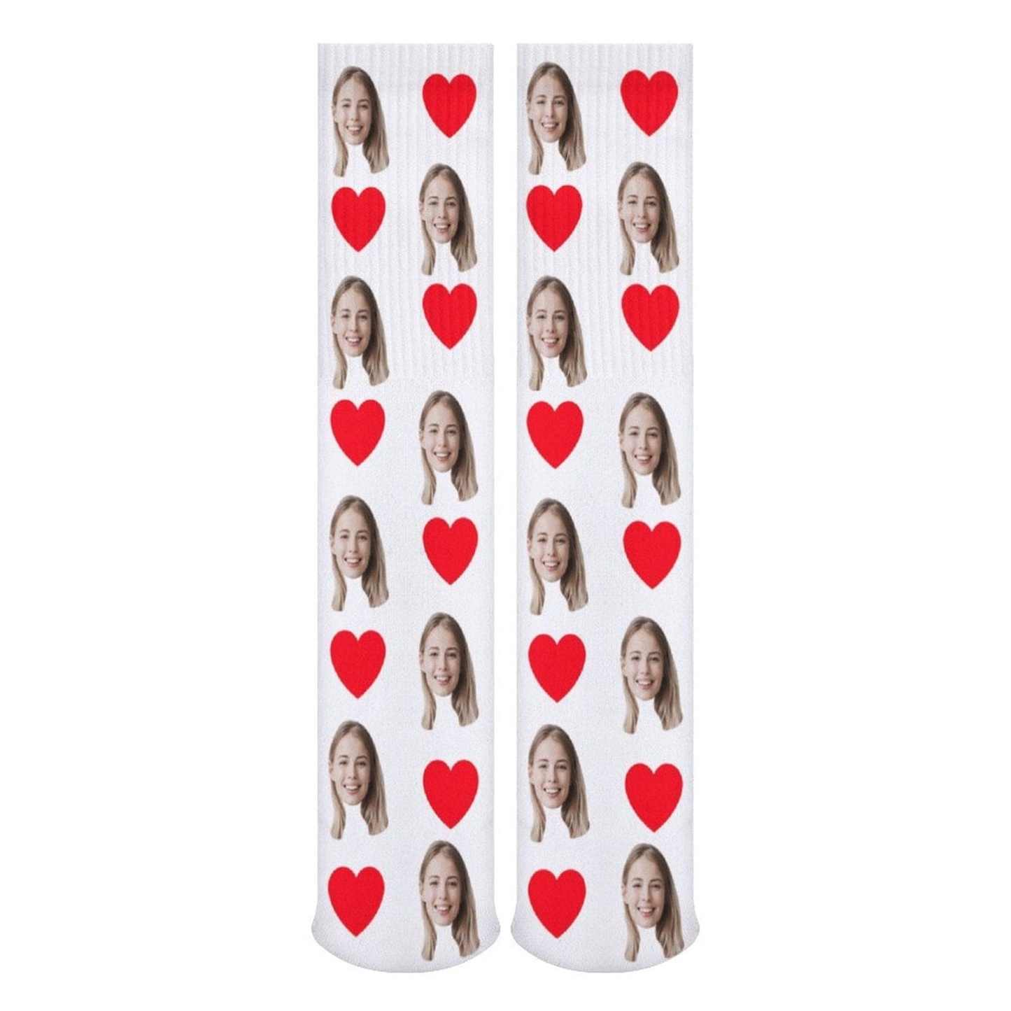 FacePajamas Sublimated Crew Socks-2WH-SDS Red Heart Socks with Face Custom Personalized White Background Sublimated Crew Socks