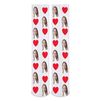 FacePajamas Sublimated Crew Socks-2WH-SDS Red Heart Socks with Face Custom Personalized White Background Sublimated Crew Socks