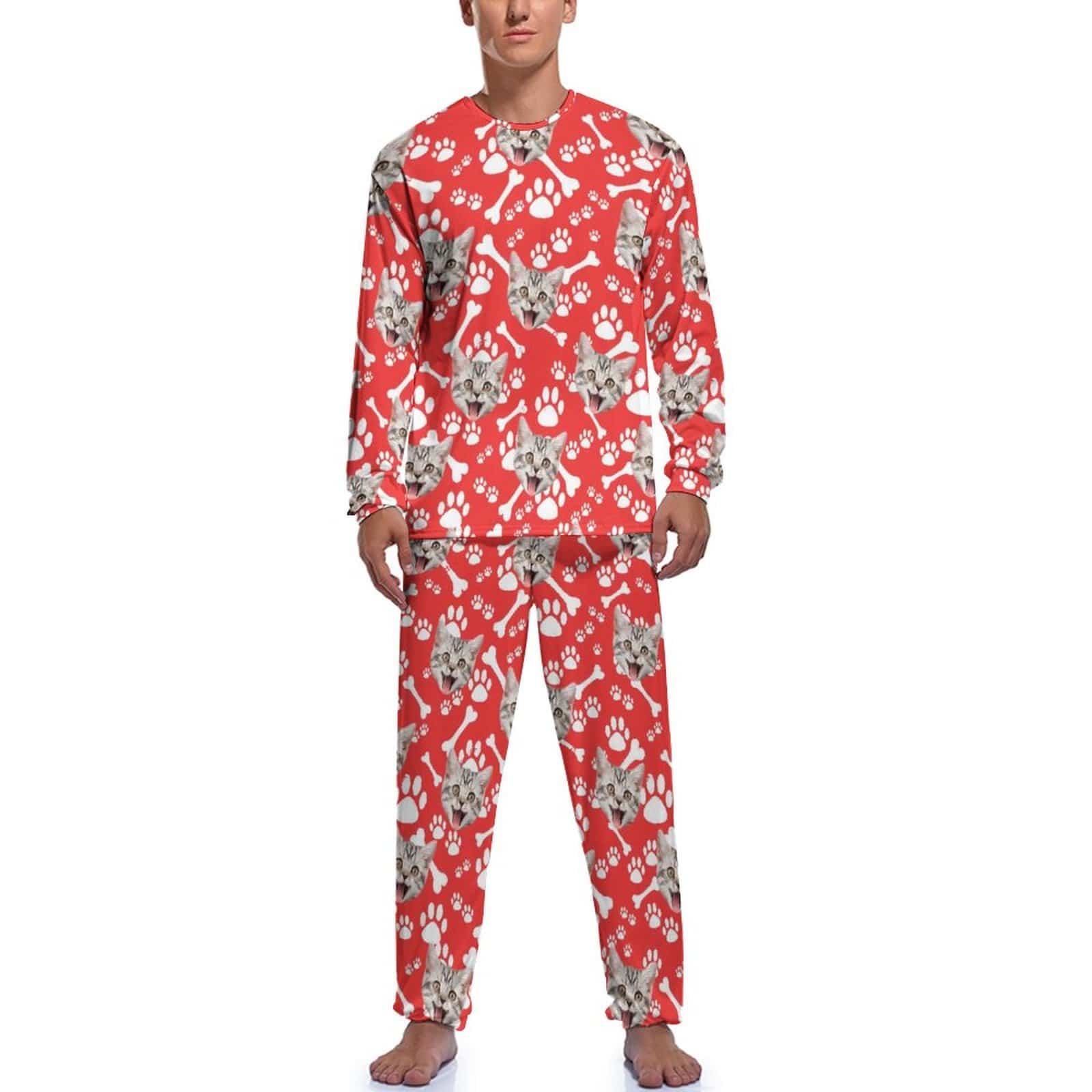 FacePajamas Pajama Red / S Personalized Photo Crewneck Long Pet Pajama Set Custom Face Cat's Footprints Men's Pajamas
