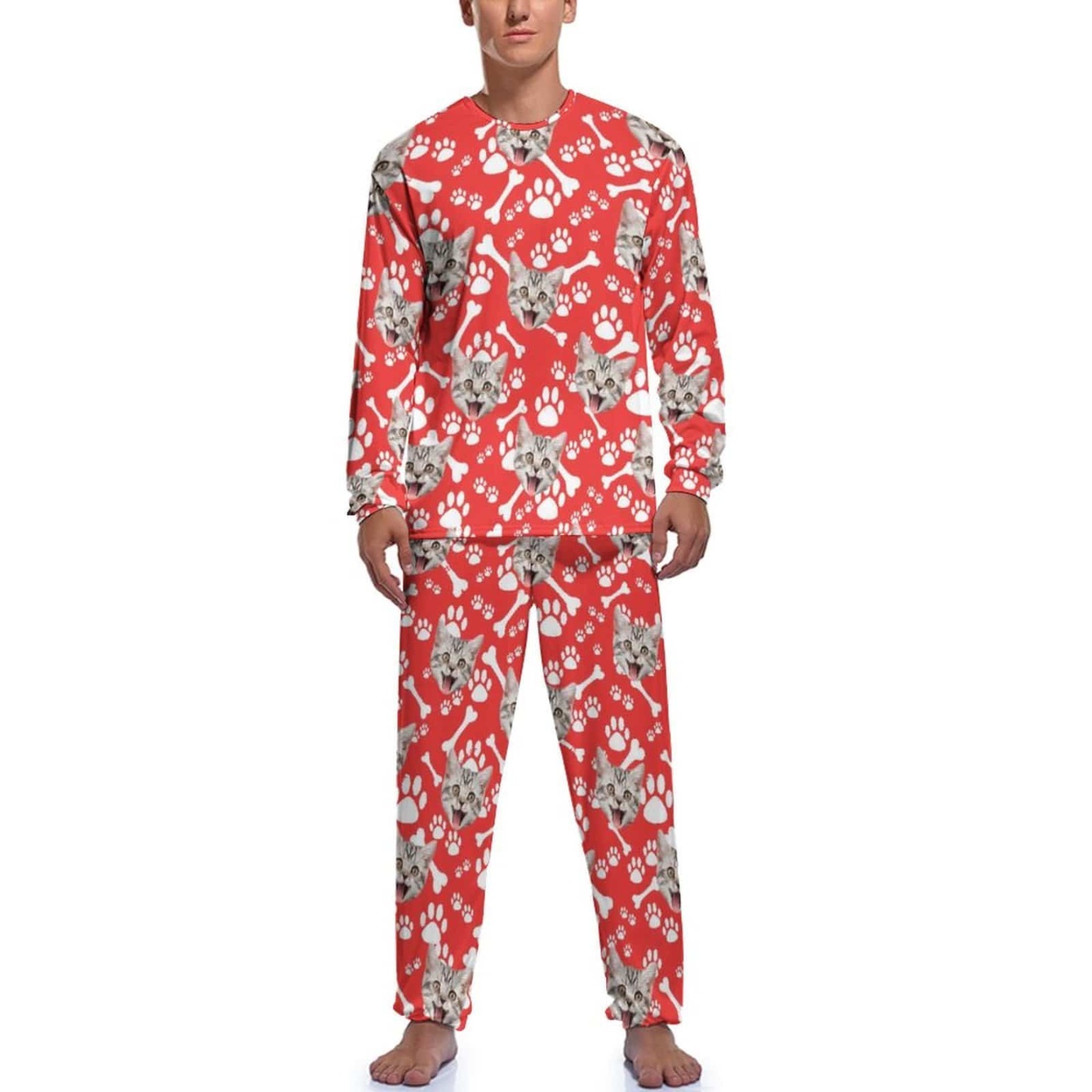 FacePajamas Pajama Red / S Personalized Photo Crewneck Long Pet Pajama Set Custom Face Cat's Footprints Men's Pajamas