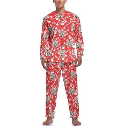 FacePajamas Pajama Red / S Personalized Photo Crewneck Long Pet Pajama Set Custom Face Cat's Footprints Men's Pajamas