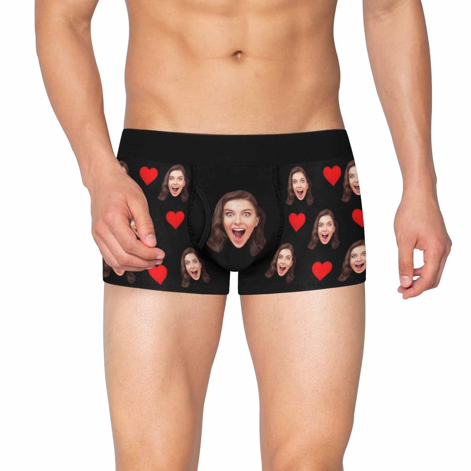 FacePajamas Underwear S / Black Custom Face Mens Pocket Boxer Briefs Love Heart Black Personalized Men's Boxer Underwear