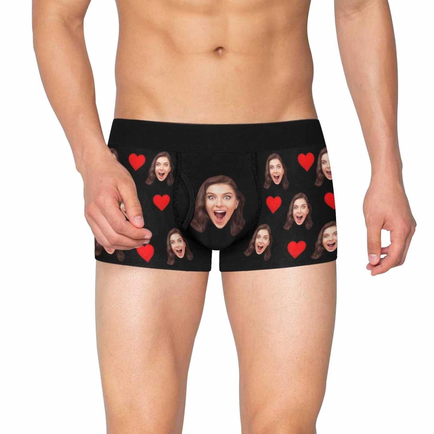 FacePajamas Underwear S / Black Custom Face Mens Pocket Boxer Briefs Love Heart Black Personalized Men's Boxer Underwear