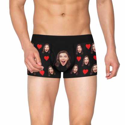 FacePajamas Underwear S / Black Custom Face Mens Pocket Boxer Briefs Love Heart Black Personalized Men's Boxer Underwear