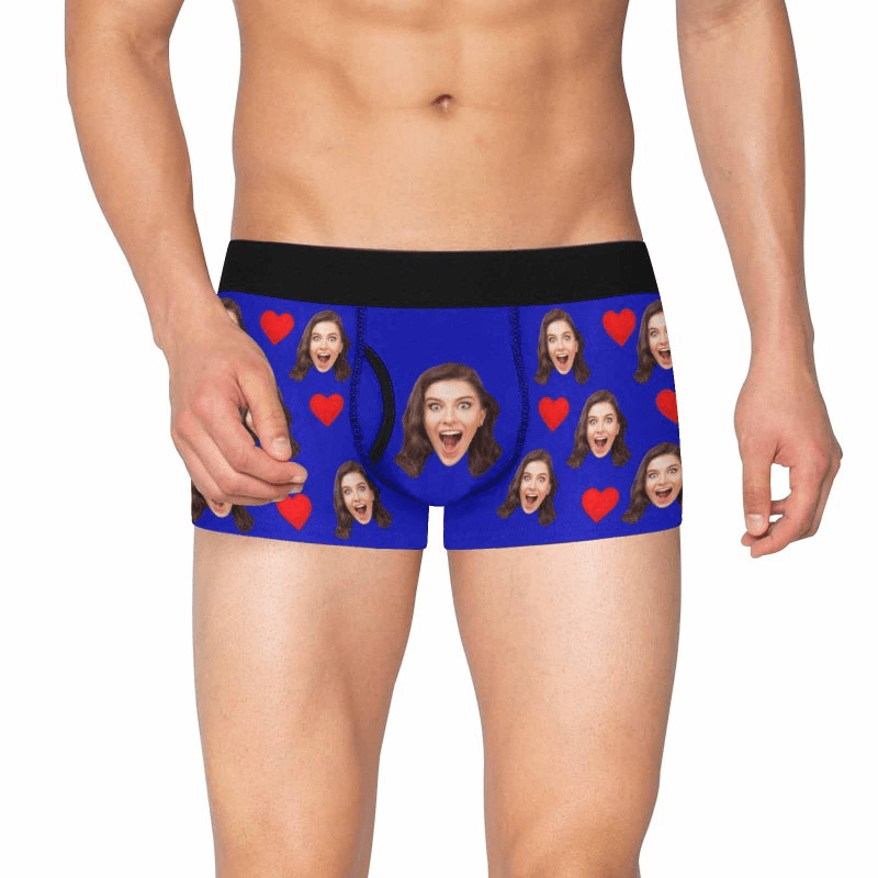 FacePajamas Underwear S / Blue Custom Face Mens Pocket Boxer Briefs Love Heart Black Personalized Men's Boxer Underwear