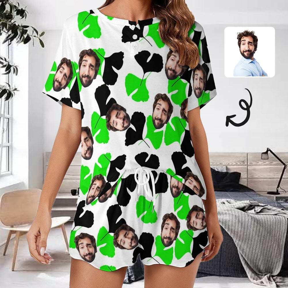 FacePajamas Pajama-2ML-SDS S Custom Boyfriend Face Ginkgo Leaves Pajama Set Women's Short Sleeve Top and Shorts Loungewear Athletic Tracksuits