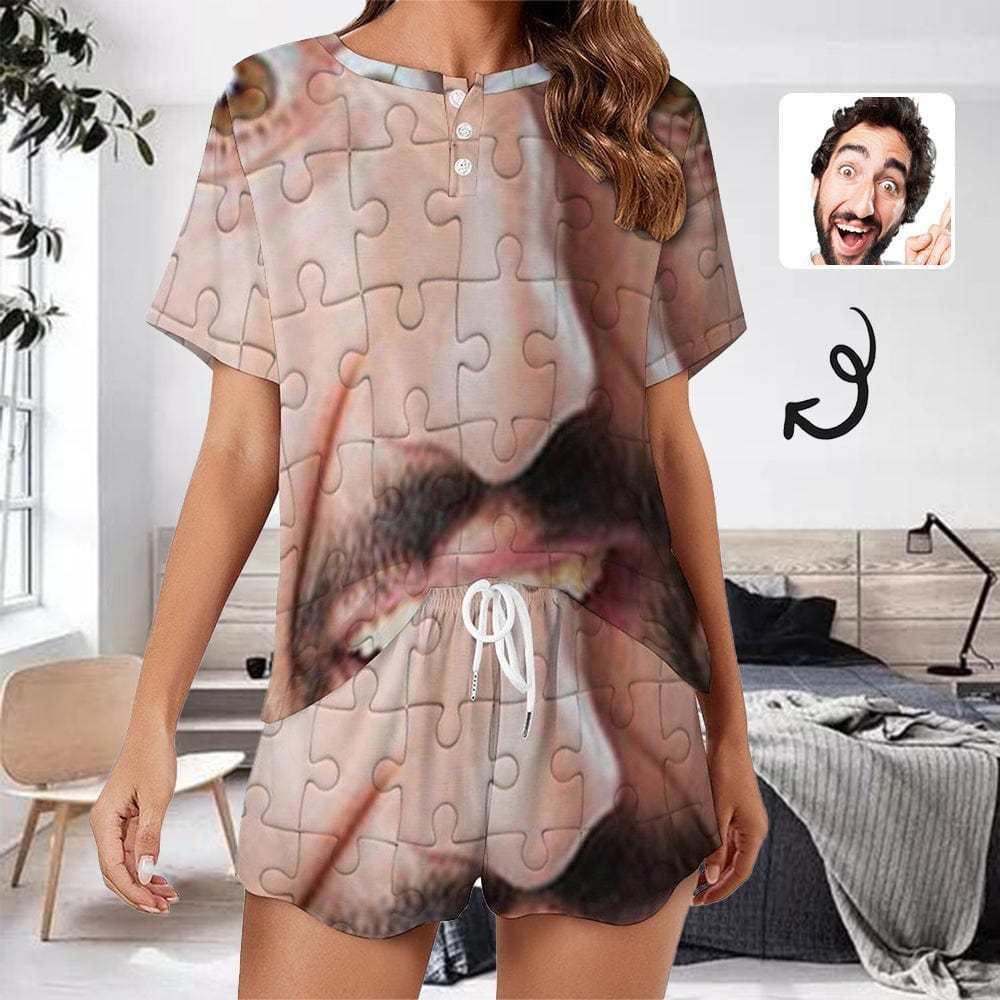 FacePajamas Pajama-2ML-SDS S Custom Boyfriend Face Puzzle Pajama Set Women's Short Sleeve Top and Shorts Loungewear Athletic Tracksuits