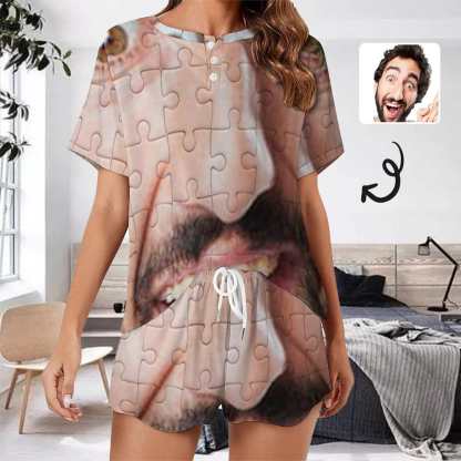 FacePajamas Pajama-2ML-SDS S Custom Boyfriend Face Puzzle Pajama Set Women's Short Sleeve Top and Shorts Loungewear Athletic Tracksuits