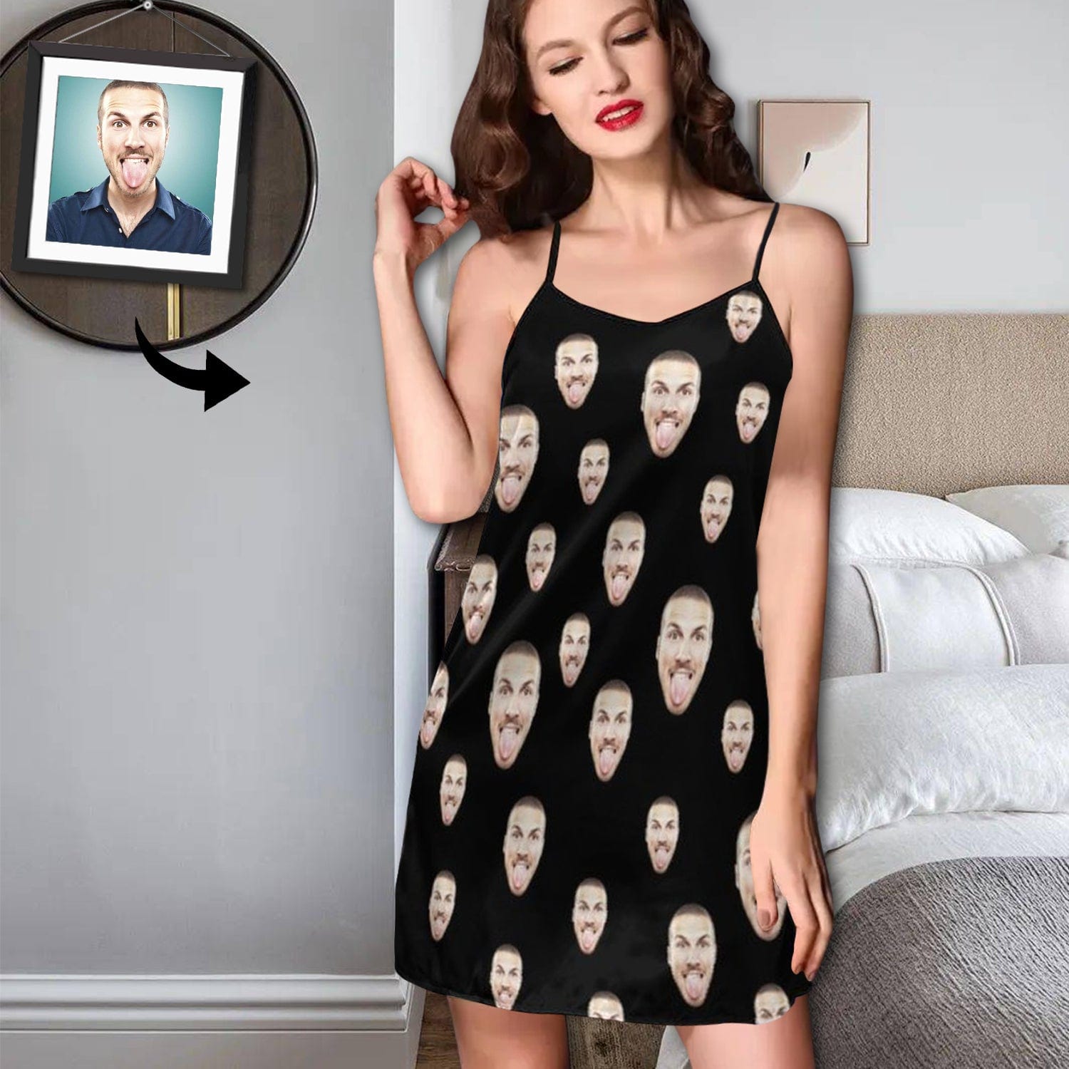 FacePajamas Pajama-2ML-SDS S Custom Face Husband Black Background Nightgown for Women Loose Sleepwear V Neck Pajama Dress Soft Nightshirt Sleeveless Nightdress Chemise