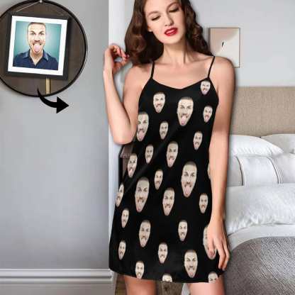 FacePajamas Pajama-2ML-SDS S Custom Face Husband Black Background Nightgown for Women Loose Sleepwear V Neck Pajama Dress Soft Nightshirt Sleeveless Nightdress Chemise