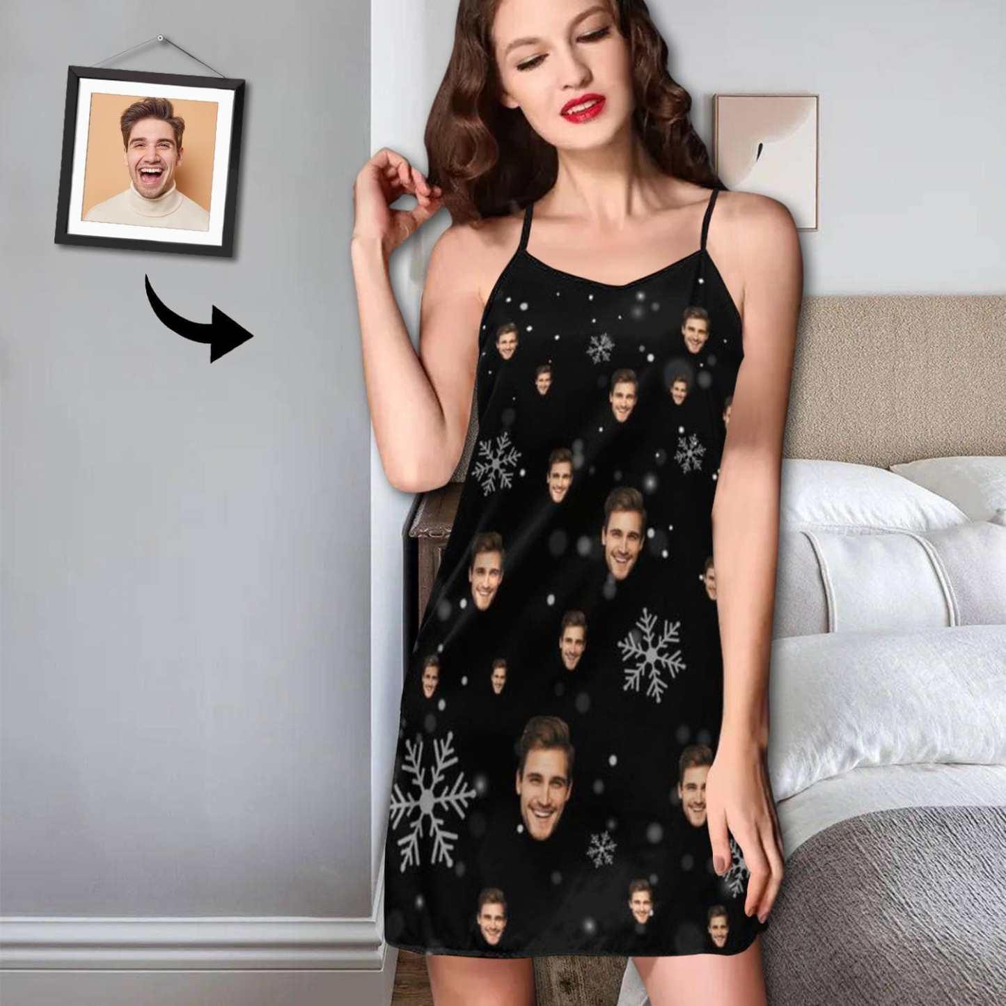 FacePajamas Pajama-2ML-SDS S Custom Face Husband Snowflake Black Background Nightgown for Women Loose Sleepwear V Neck Pajama Dress Soft Nightshirt Sleeveless Nightdress Chemise
