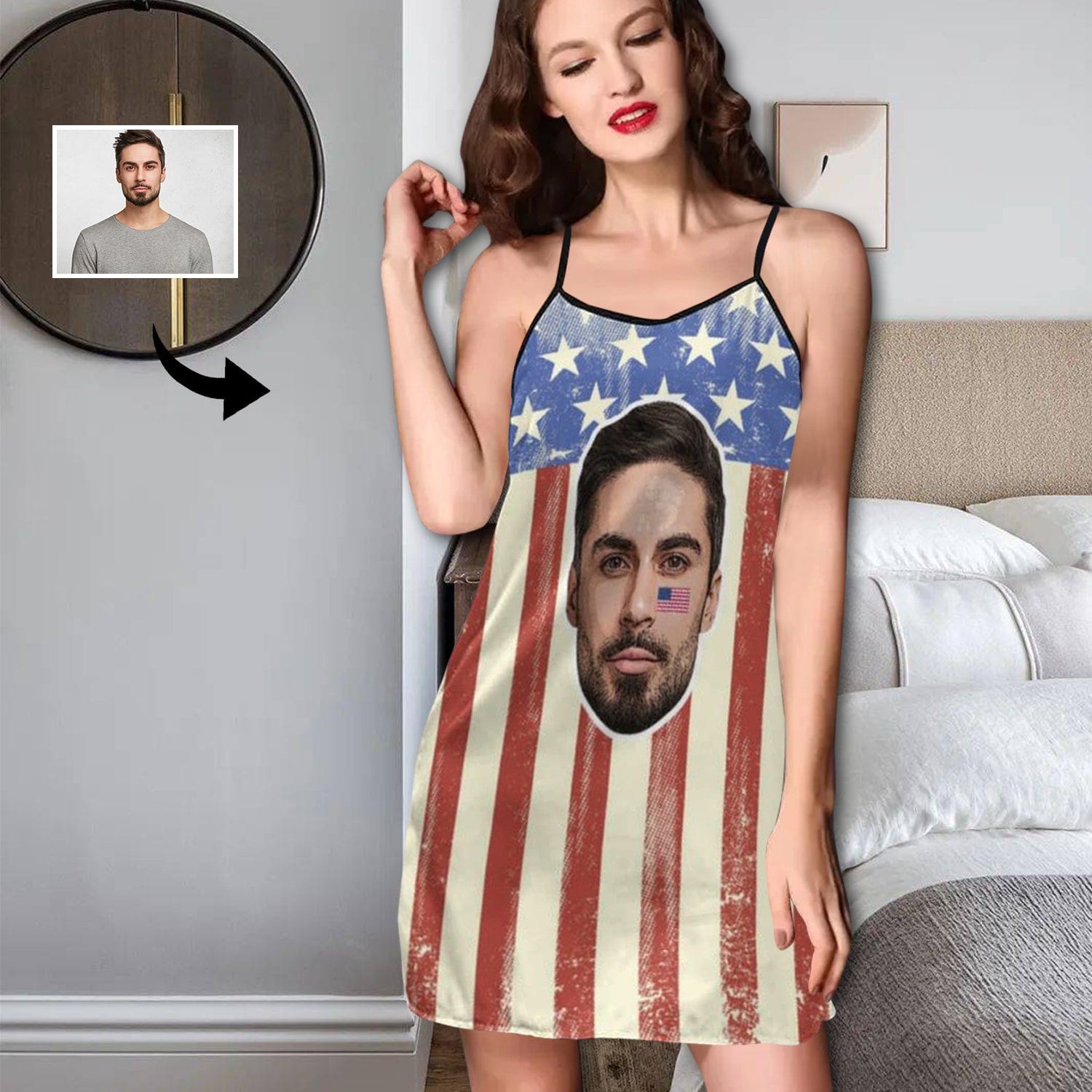 FacePajamas Pajama-2ML-SDS S Custom Face Husband US Flag Nightgown for Women Loose Sleepwear V Neck Pajama Dress Soft Nightshirt Sleeveless Nightdress Chemise