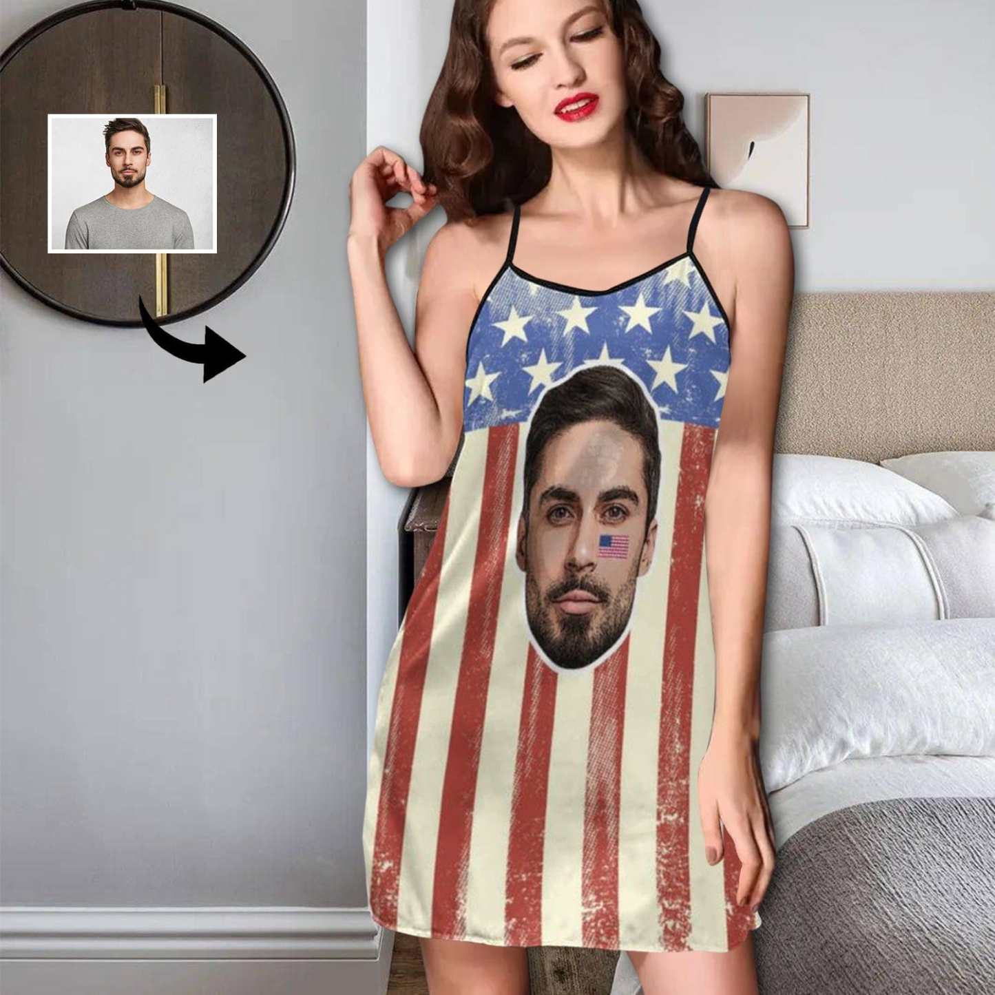 FacePajamas Pajama-2ML-SDS S Custom Face Husband US Flag Nightgown for Women Loose Sleepwear V Neck Pajama Dress Soft Nightshirt Sleeveless Nightdress Chemise