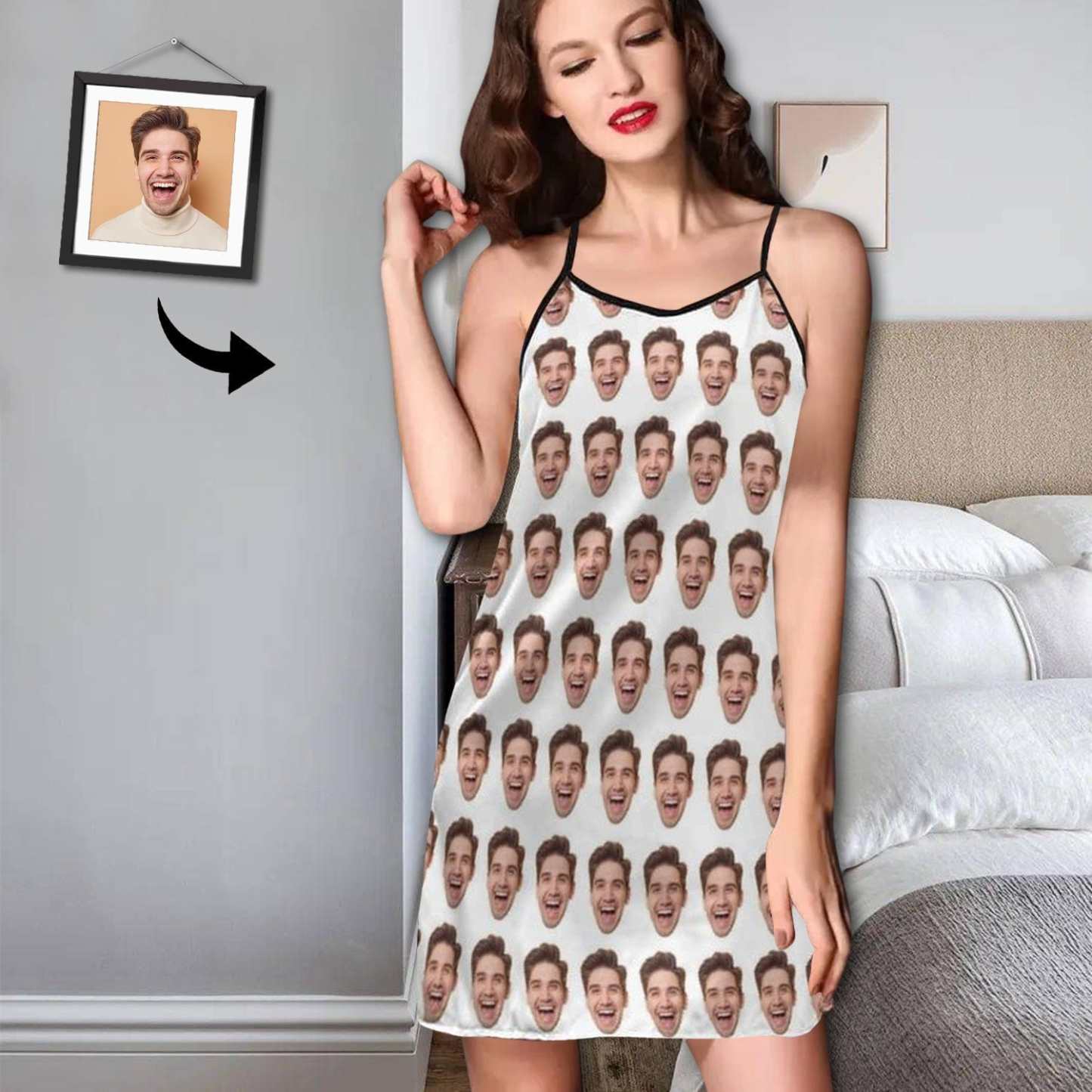 FacePajamas Pajama-2ML-SDS S Custom Face Husband White Background Nightgown for Women Loose Sleepwear V Neck Pajama Dress Soft Nightshirt Sleeveless Nightdress Chemise