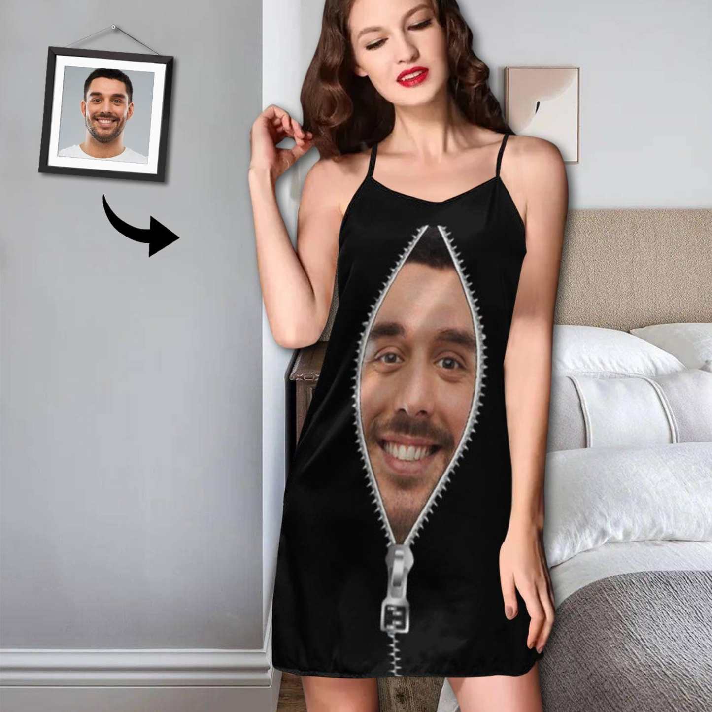 FacePajamas Pajama-2ML-SDS S Custom Face Husband Zipper Pattern Funny Nightgown for Women Loose Sleepwear V Neck Pajama Dress Soft Nightshirt Sleeveless Nightdress Chemise