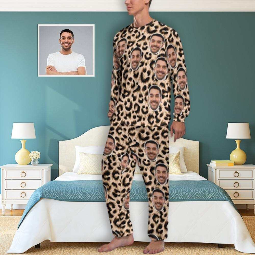 FacePajamas Pajama S Custom Face Leopard Men's Pajamas Personalized Photo Sleepwear Sets Funny Nightwear for Him