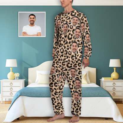 FacePajamas Pajama S Custom Face Leopard Men's Pajamas Personalized Photo Sleepwear Sets Funny Nightwear for Him