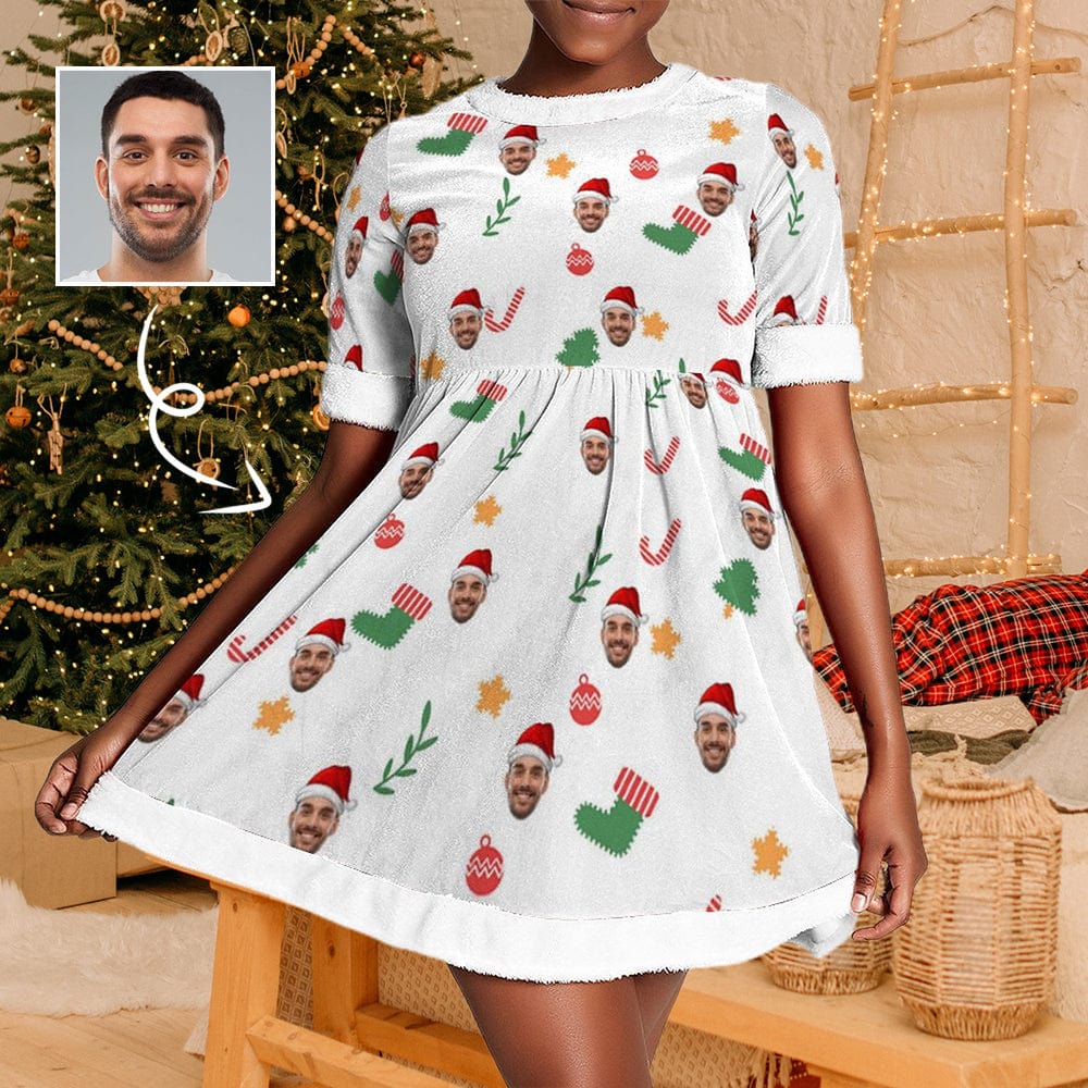 FacePajamas Pajama-SDS S Custom Face Nightdress Christmas Socks Red Hat White Personalized Women's Christmas Dress Pajamas