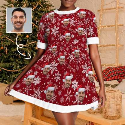 FacePajamas Pajama-SDS S Custom Face Nightdress Snowflake Red Hat Personalized Women's Christmas Dress Pajamas