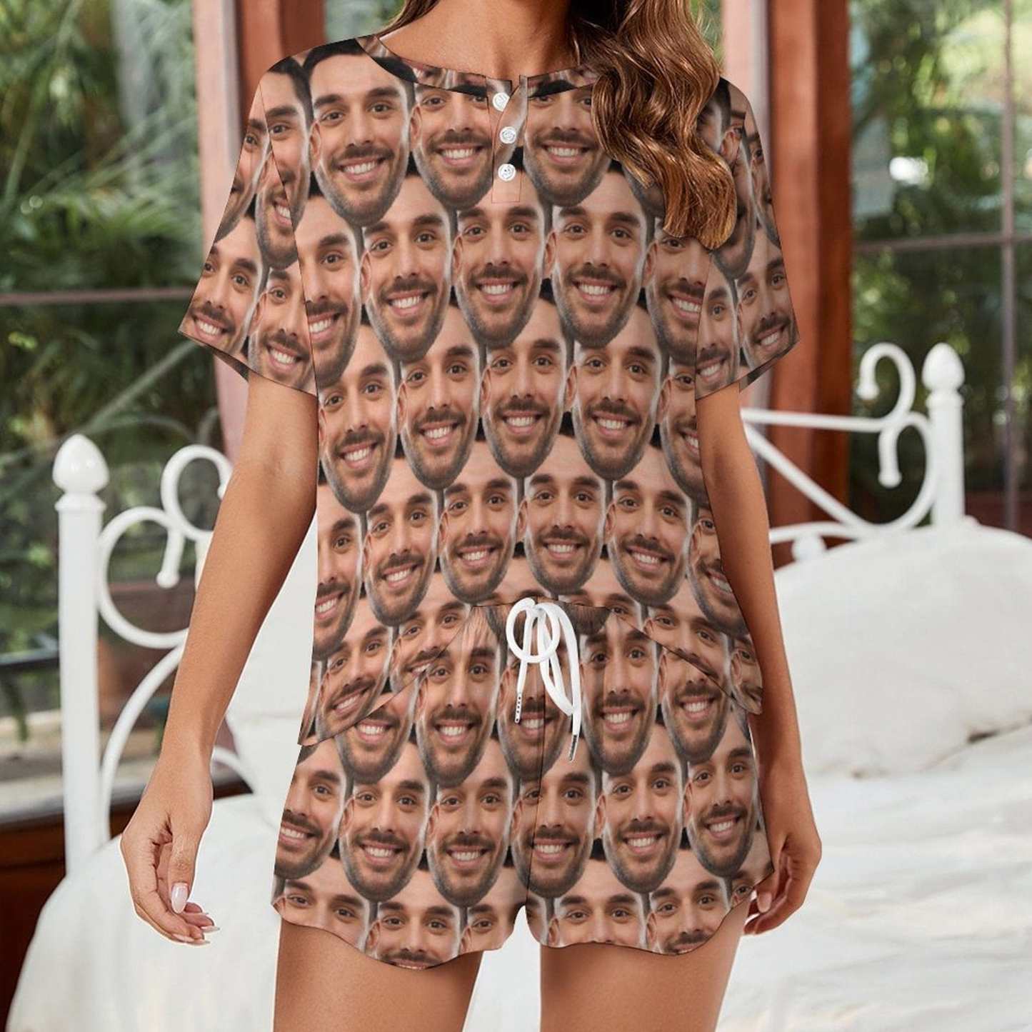 FacePajamas Pajama-2ML-SDS S Custom Face  Pajama Set Women's Short Sleeve Top and Shorts Loungewear Athletic Tracksuits