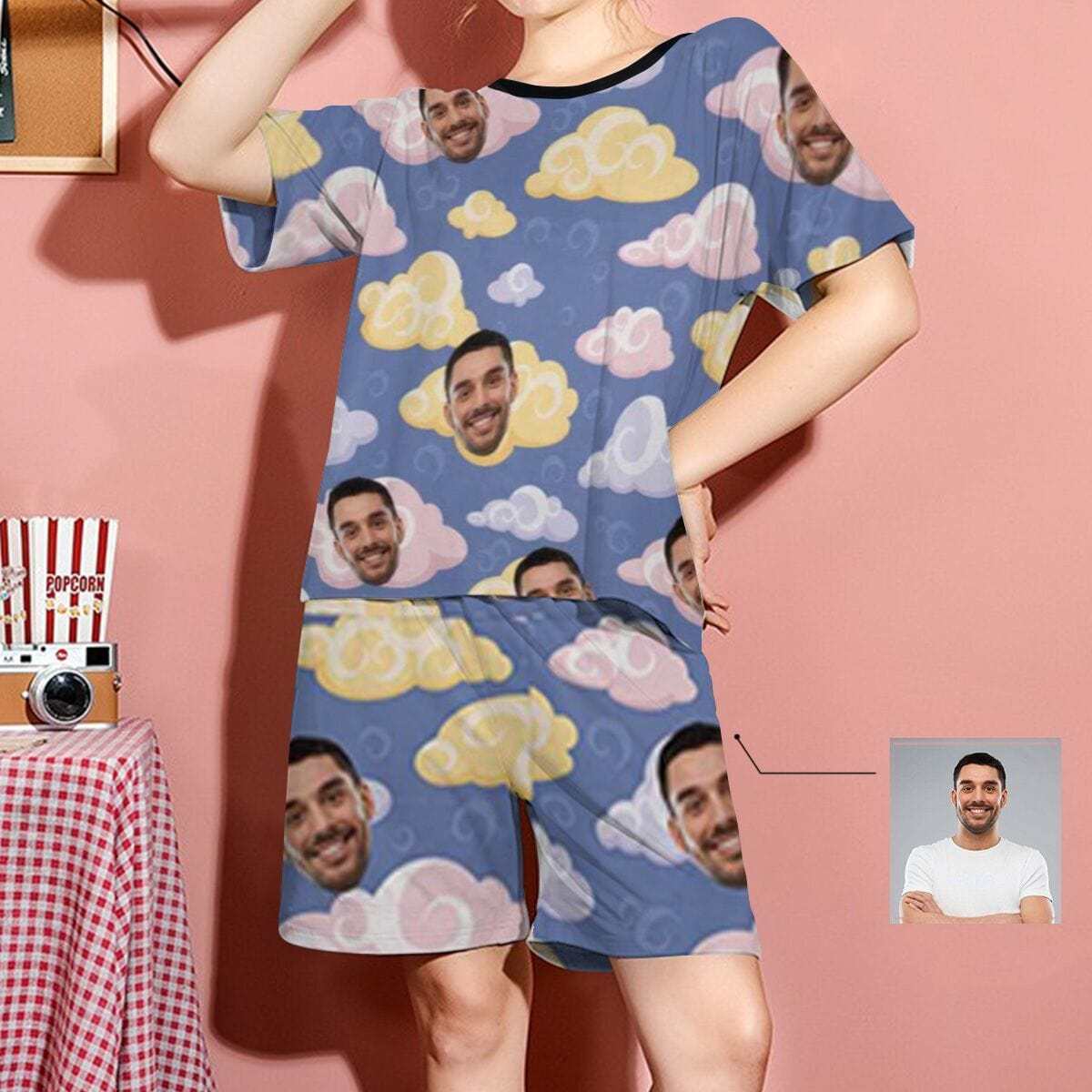 FacePajamas Pajama S Custom Face Pajamas Colorful Comfortable Soft Clouds Sleepwear Personalized Women's Short Pajama Set