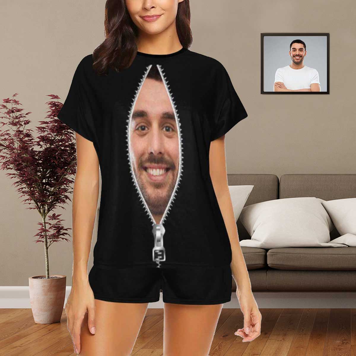 FacePajamas Pajama S Custom Face Pajamas for Women Black Zipper Sleepwear Personalized Women's Short Pajama Set