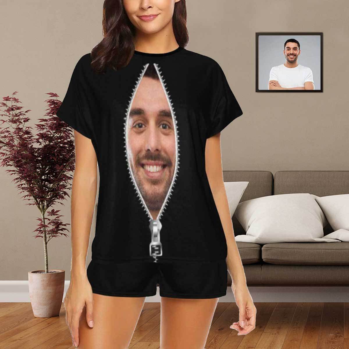 FacePajamas Pajama S Custom Face Pajamas for Women Black Zipper Sleepwear Personalized Women's Short Pajama Set