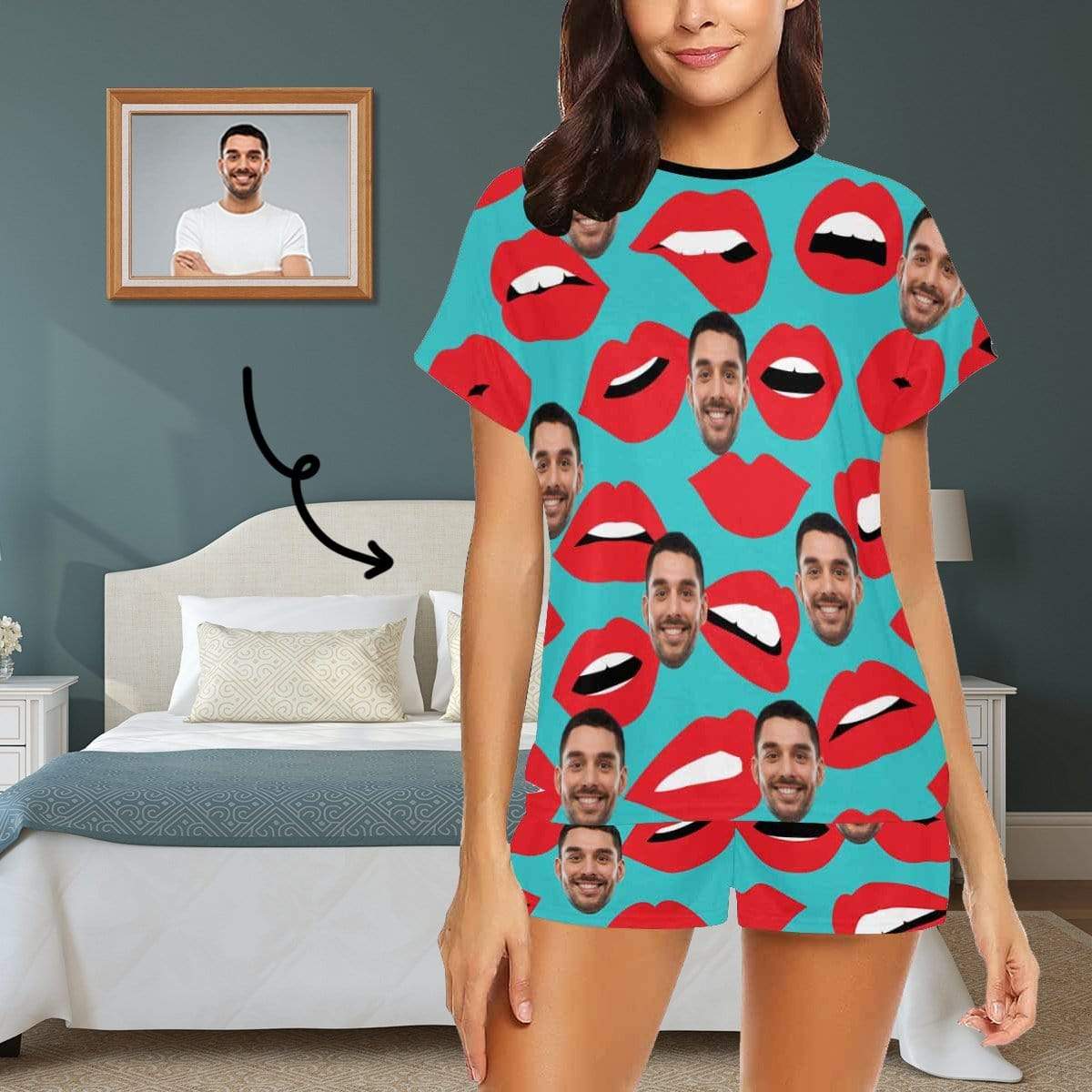 FacePajamas Pajama S Custom Face Pajamas Green Background Sleepwear Personalized Lips Women's Short Pajama Set