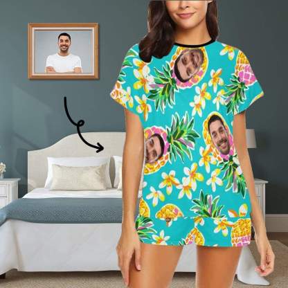FacePajamas Pajama S Custom Face Pajamas Green Pineapple Summer Loungewear Personalized Women's Short Pajama Set