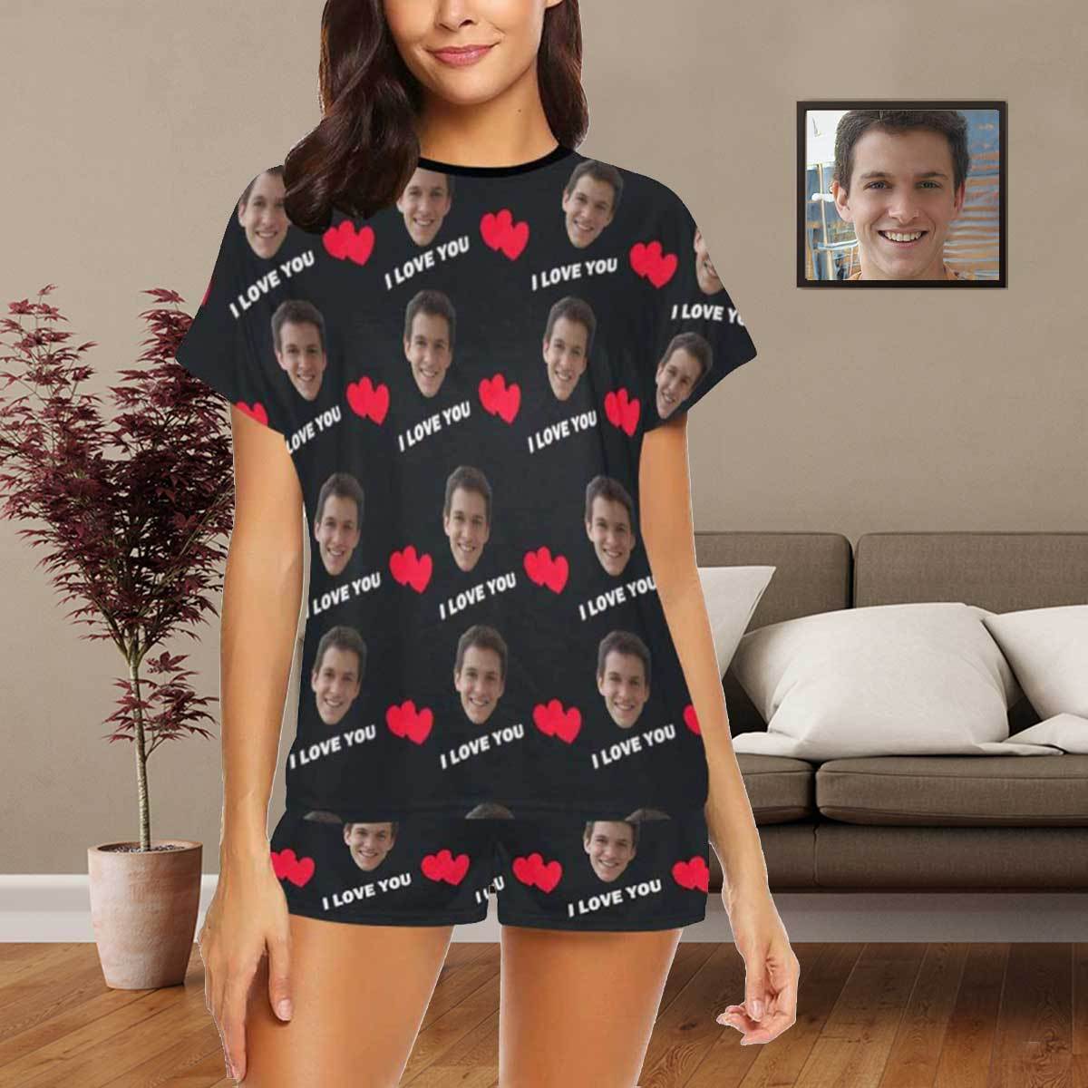 FacePajamas Pajama S Custom Face Pajamas I Love You Loungewear Personalized Black Women's Short Pajama Set Honeymoon Anniversary Gift