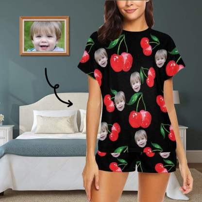 FacePajamas Pajama S Custom Face Pajamas Red Cherry Loungewear Personalized Photo Women's Short Pajama Set