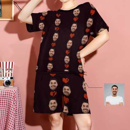FacePajamas Pajama S Custom Face Pajamas Red Love Black Background Loungewear Personalized Women's Short Pajama Set