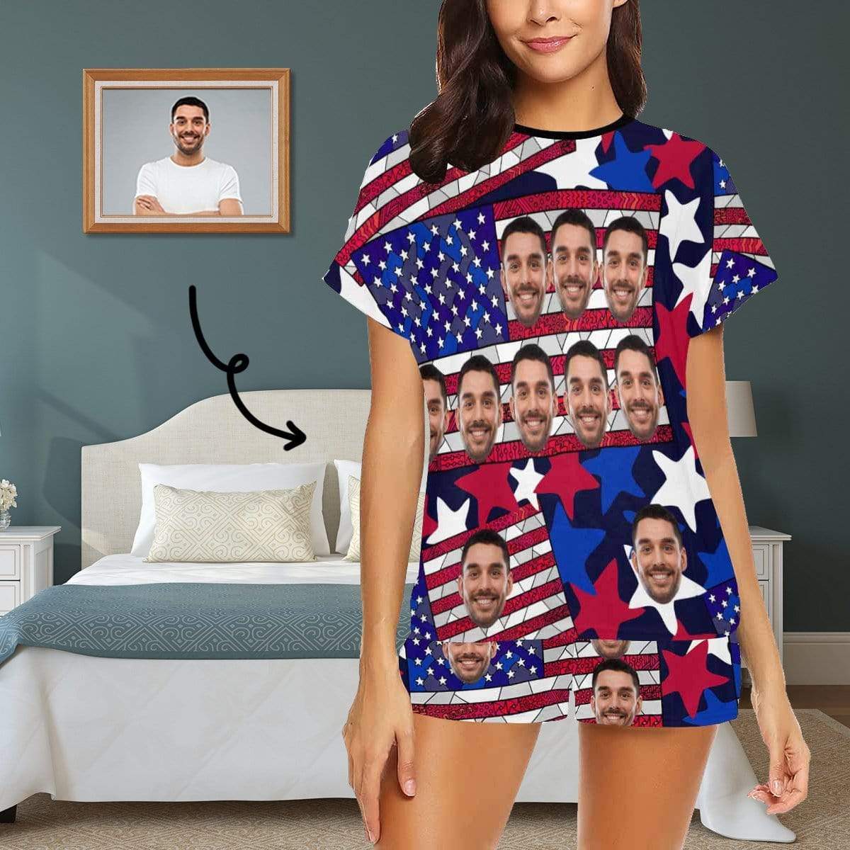 FacePajamas Pajama S Custom Face Pajamas Red Stripes Blue Stars Stitching Loungewear Personalized Women's Short Pajama Set
