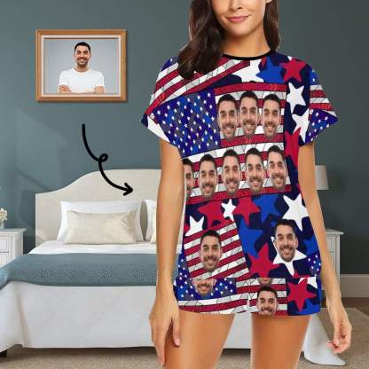 FacePajamas Pajama S Custom Face Pajamas Red Stripes Blue Stars Stitching Loungewear Personalized Women's Short Pajama Set