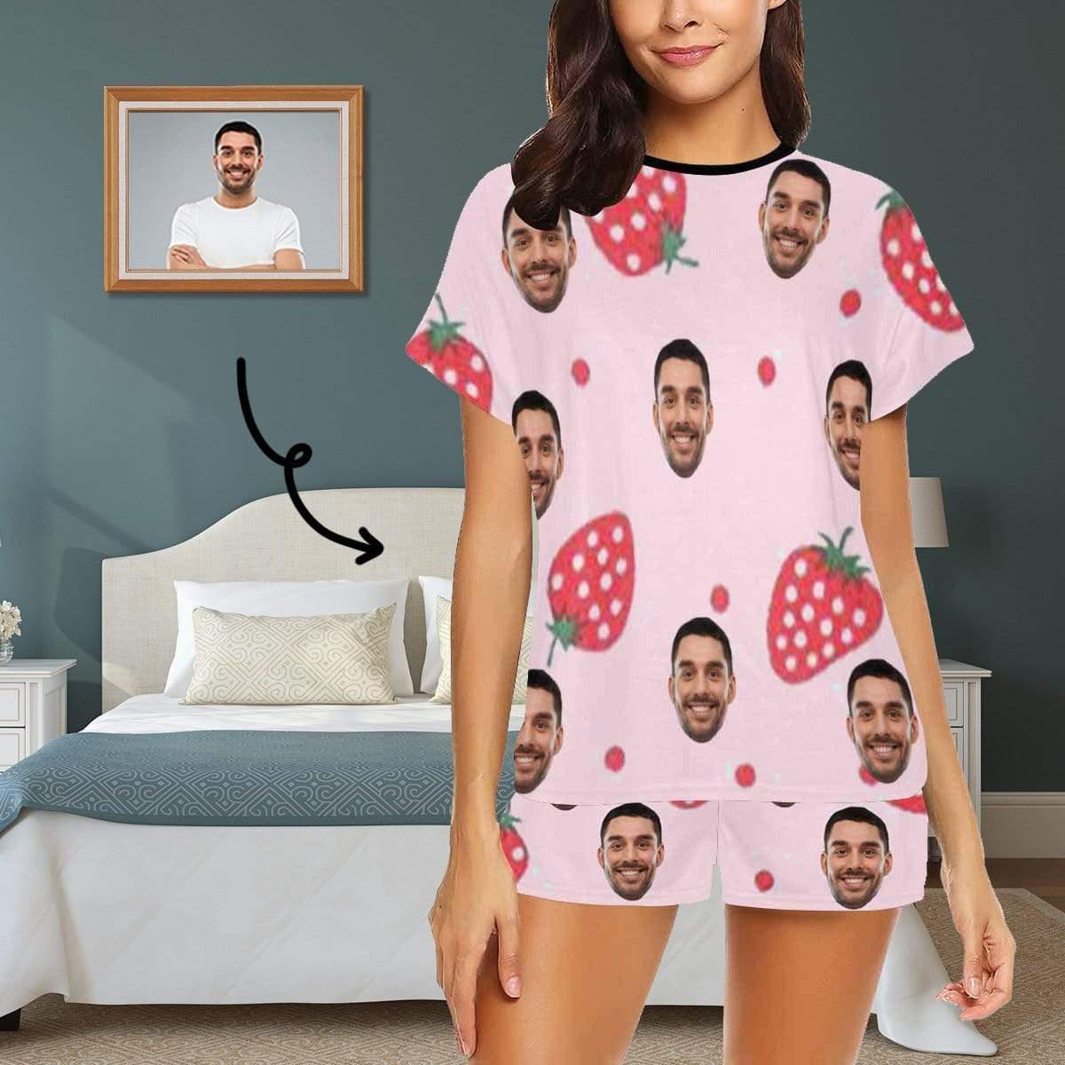 FacePajamas Pajama S Custom Face Pajamas Strawberry Sleepwear Personalized Pink Women's Short Pajama Set