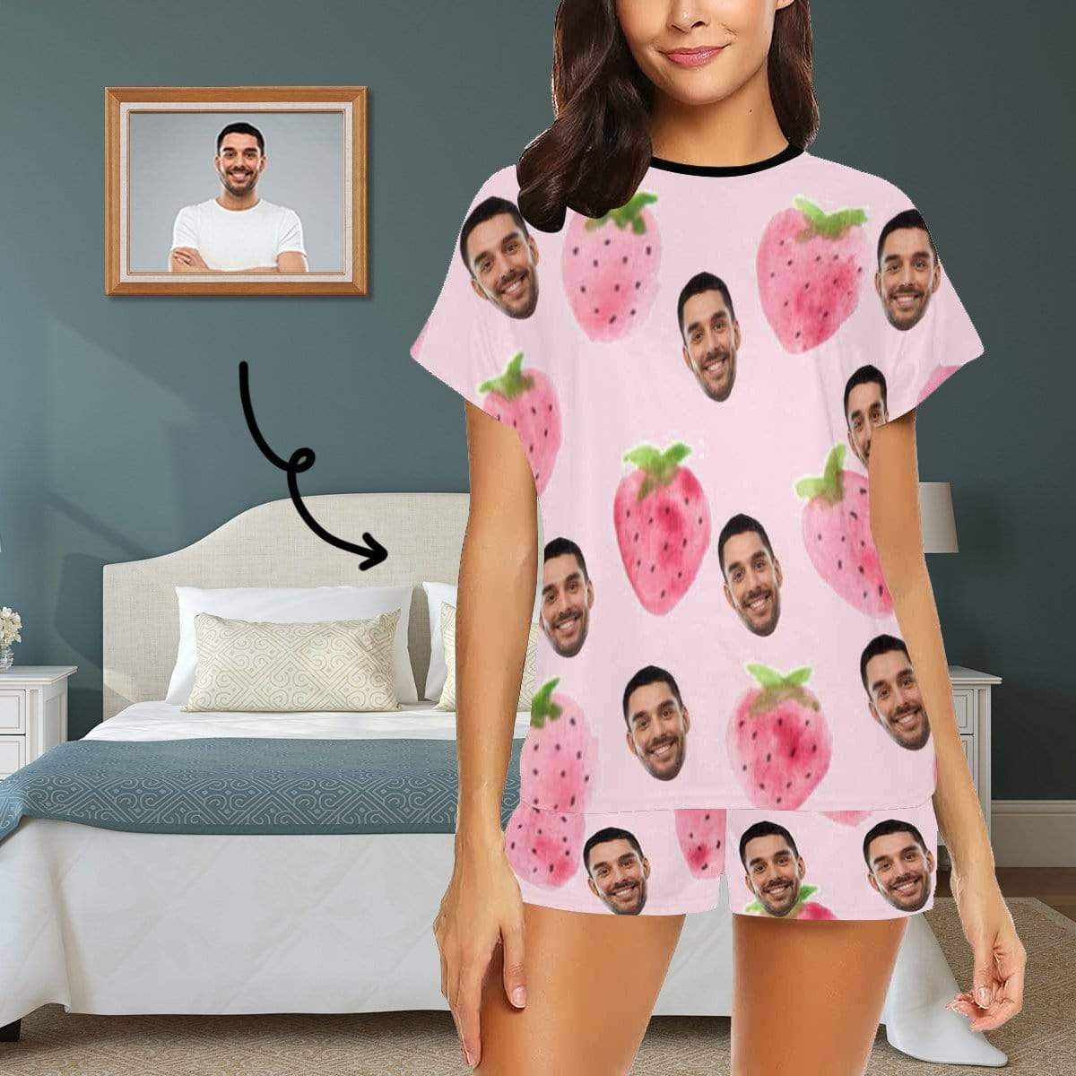 FacePajamas Pajama S Custom Face Pajamas Watercolor Strawberry Loungewear Personalized Women's Short Pajama Set