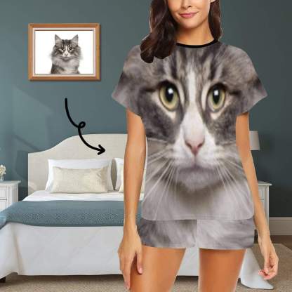 FacePajamas Pajama S Custom Face Pet Pajamas Gray Cute Kitty Loungewear Personalized Photo Women's Short Pajama Set