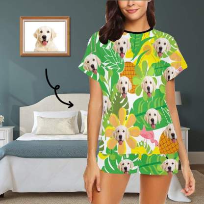 FacePajamas Pajama S Custom Face Pet Pajamas Summer Green Leaves Loungewear Personalized Women's Short Pajama Set