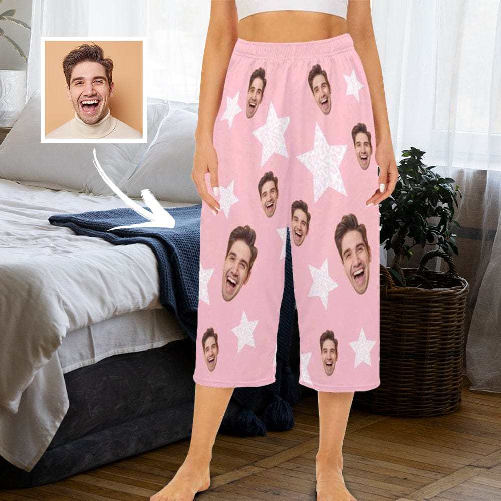 FacePajamas Pajama Shirt&Pants S Custom Face Pink Star Cropped Pajama Pants For Women Girlfriend Gift Fashion