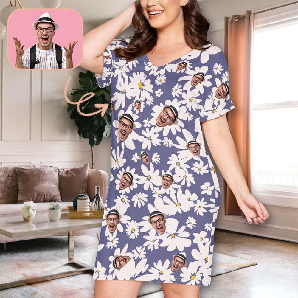 FacePajamas S Custom Face Purple Flower Nightgown for Women Sleepwear V Neck Pajama Dress Soft Nightshirt