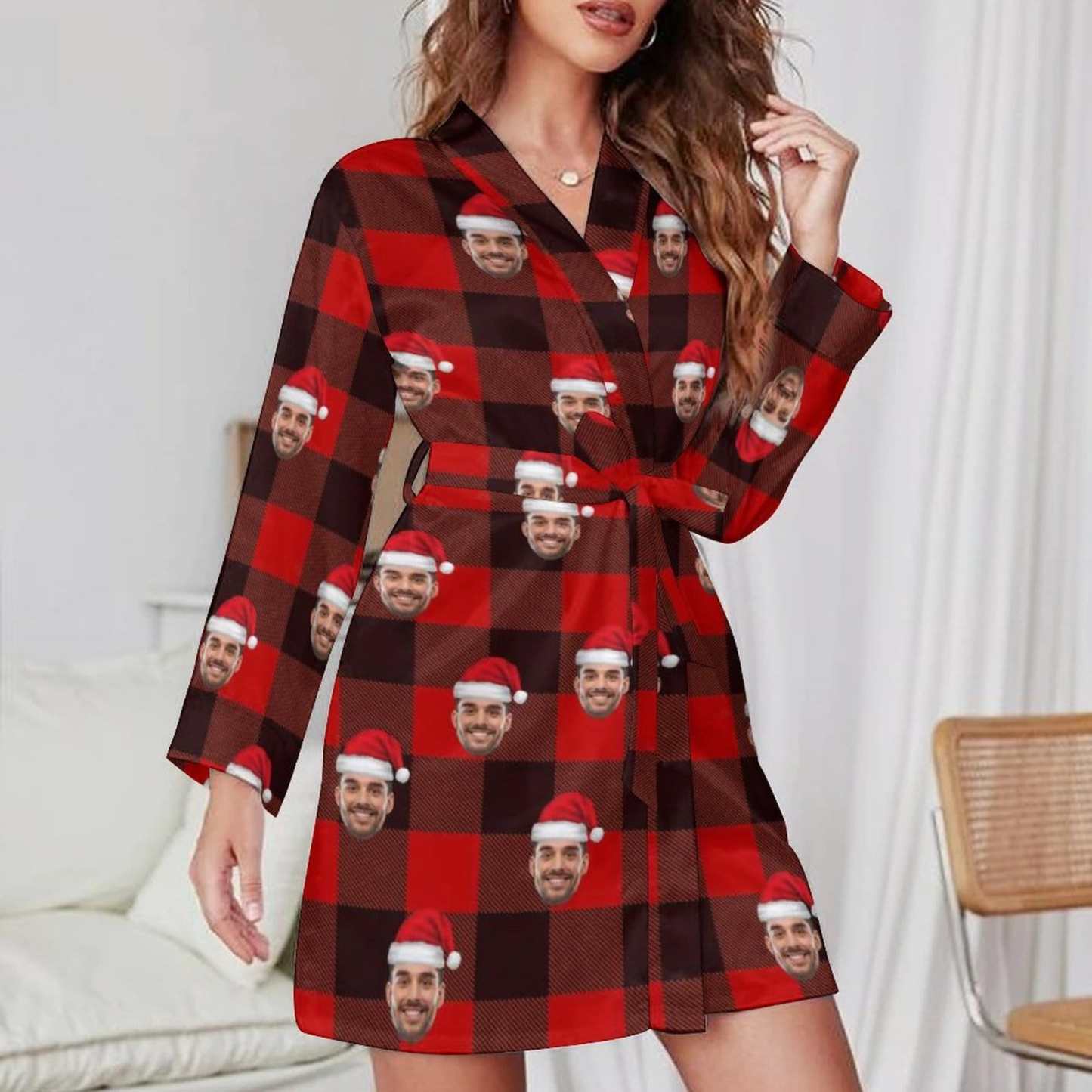 FacePajamas Pajama-2YX-SDS S Custom Husband Face Ch istmas Hat Red Black Grid Women's Long Pajamas Funny Personalized Photo Pajamas Kimono Robe