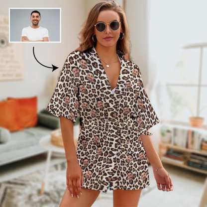 FacePajamas Pajama-2YX-SDS S Custom Husband Face Leopard White Women's Short Pajamas Personalized Pajamas Kimono Robe