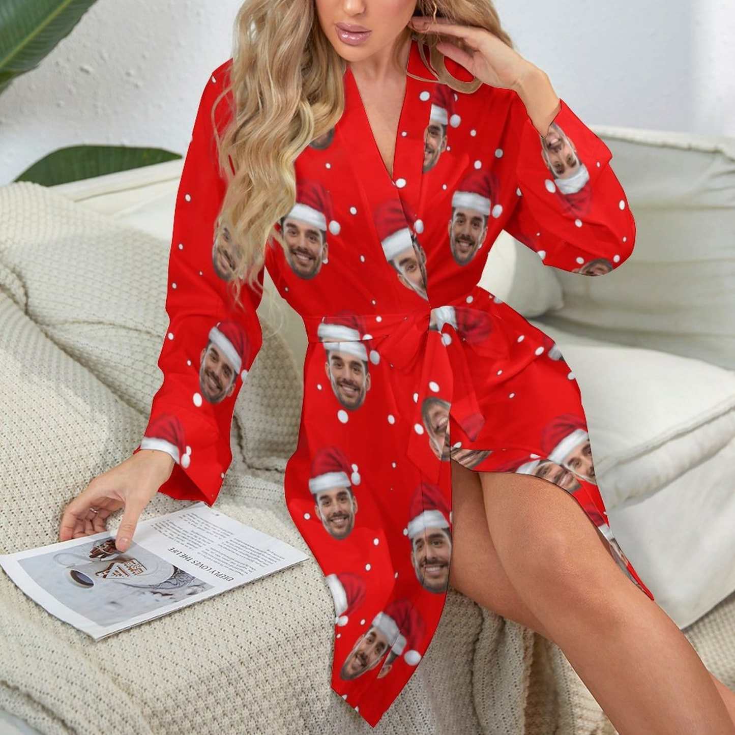 FacePajamas Pajama-2YX-SDS S Custom Husband Face Red Christmas Hat Women's Long Pajamas Funny Personalized Photo Pajamas Kimono Robe