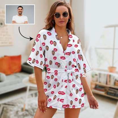FacePajamas Pajama-2YX-SDS S Custom Husband Face Sexy Red Lips Women's Summer Short Nightwear Personalized Photo Pajamas Kimono Robe