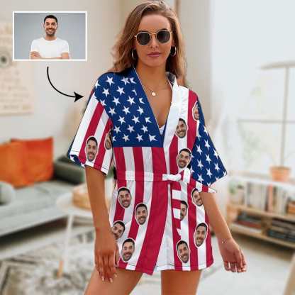 FacePajamas Pajama-2YX-SDS S Custom Husband Face Star Strip Flag Women's Summer Short Sleepwear Personalized Photo Pajamas Kimono Robe