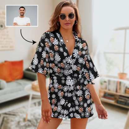 FacePajamas Pajama-2YX-SDS S Custom Husband Face White Flower Women's Summer Short Pajamas Funny Personalized Photo Pajamas Kimono Robe